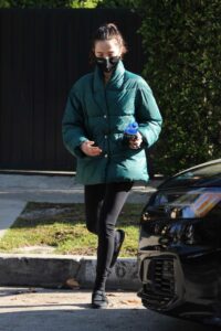 Zoey Deutch in a Turquoise Coloured Puffer Jacket