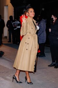 Ariana Debose in a Beige Leather Coat