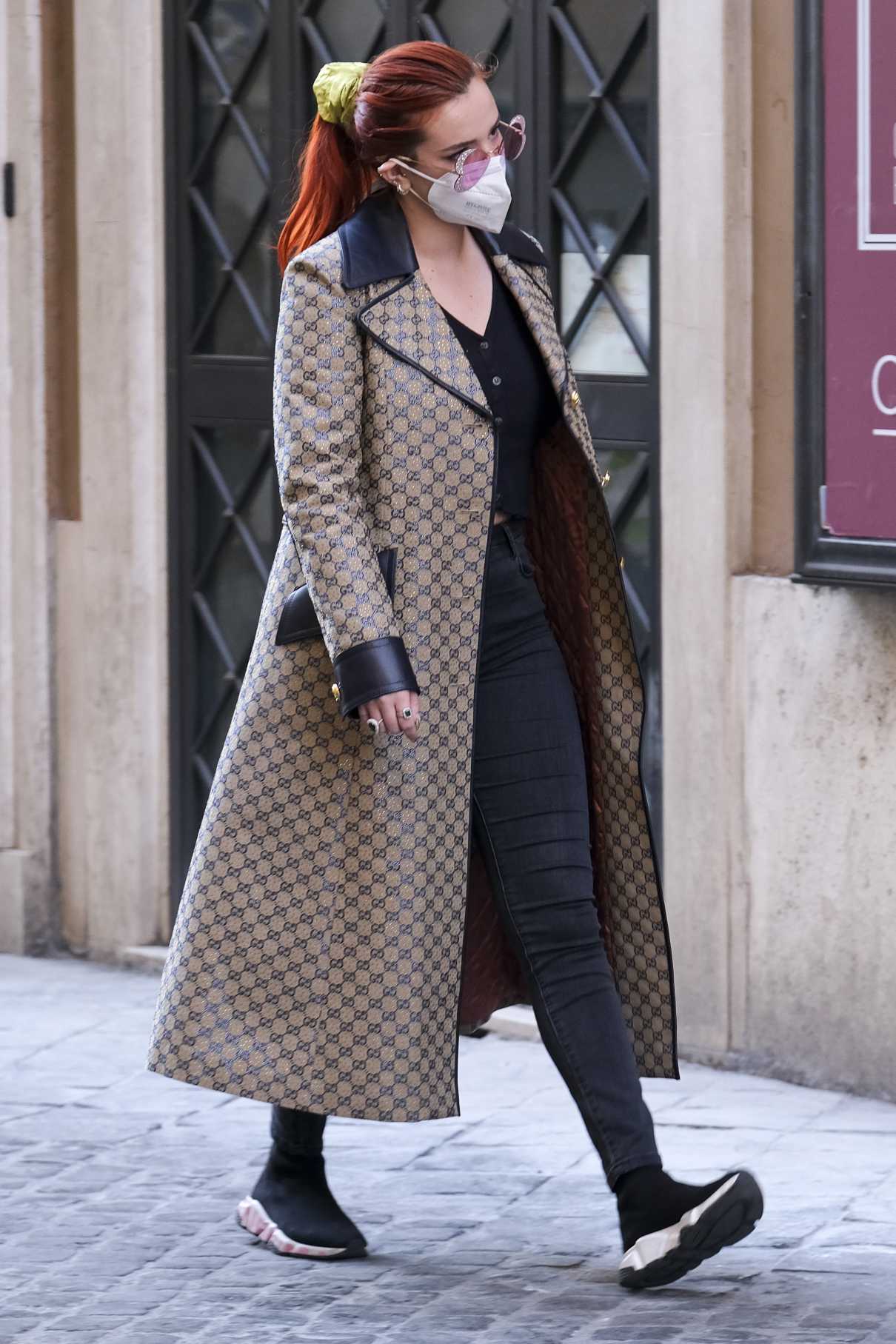 Bella Thorne in a Beige Patterned Coat