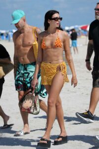 Dua Lipa in an Orange Checked Bikini