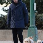 Hugh Jackman in a Blue Jacket Walks His Dogs in New York 02/06/2022