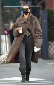 Irina Shayk in a Brown Oversized Puffer Coat