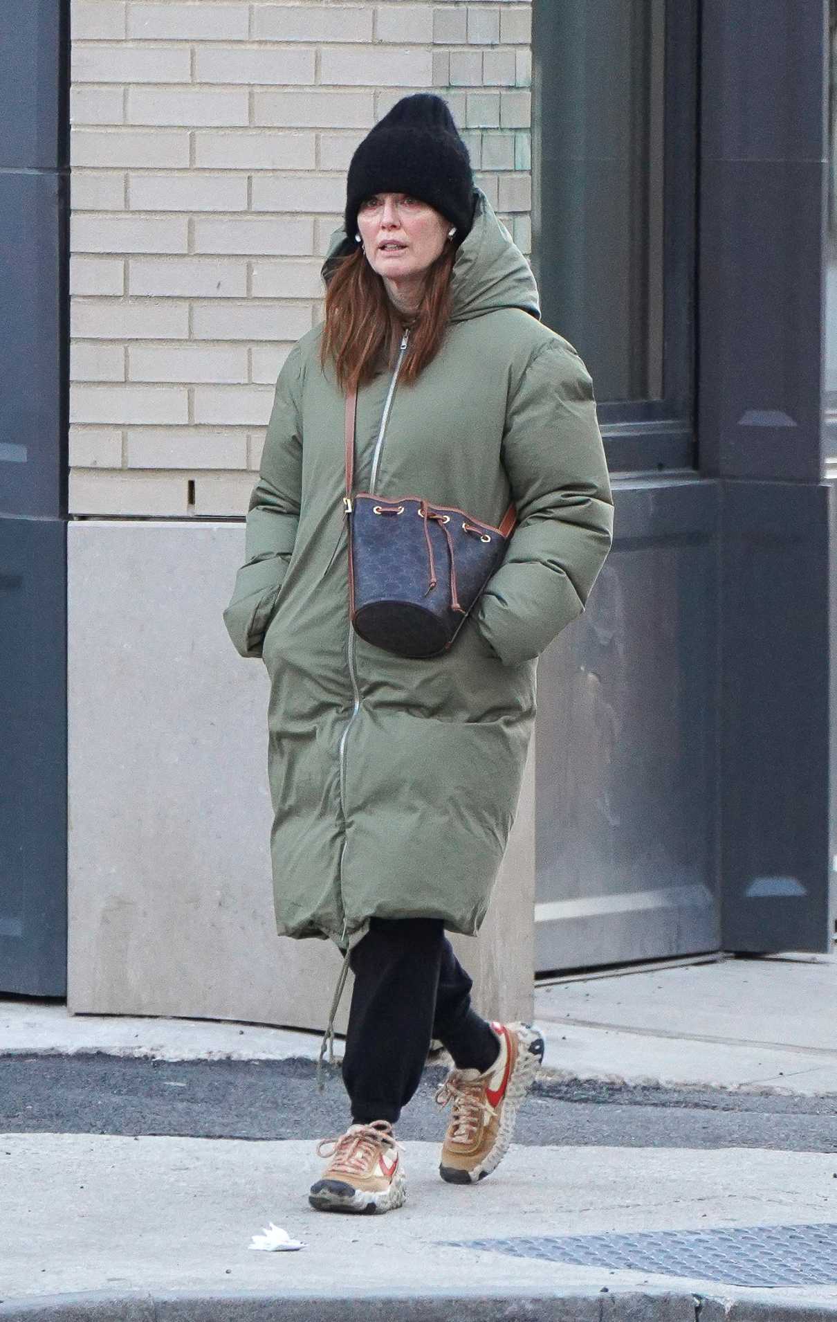 Julianne Moore in an Olive Puffer Coat