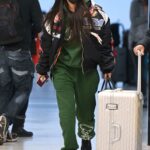 Maya Jama in a Green Sweatsuit Departs JFK Airport in New York 02/15/2022