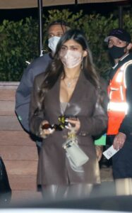 Mia Khalifa in a Brown Leather Pantsuit