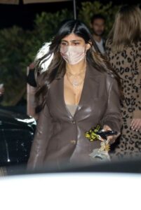 Mia Khalifa in a Brown Leather Pantsuit