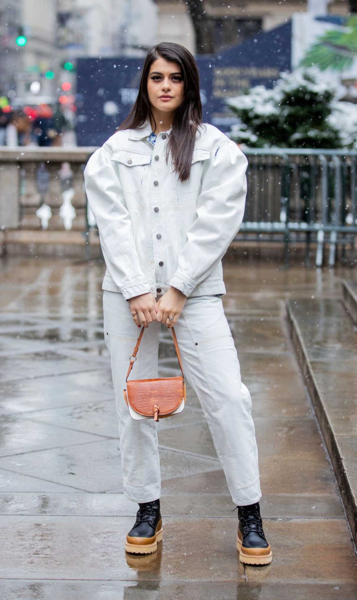 Sofia Black D’Elia in a Denim Pantsuit Arrives at the Ulla Johnson
