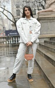 Sofia Black D'Elia in a Denim Pantsuit