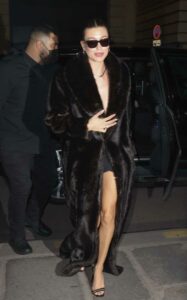 Hailey Bieber in a Black Fur Coat