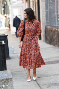 Katie Holmes in a Red Patterned Dress