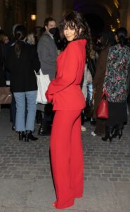 Lena Mahfouf in a Red Pantsuit