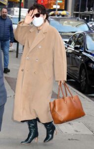 Sandra Oh in a Beige Coat