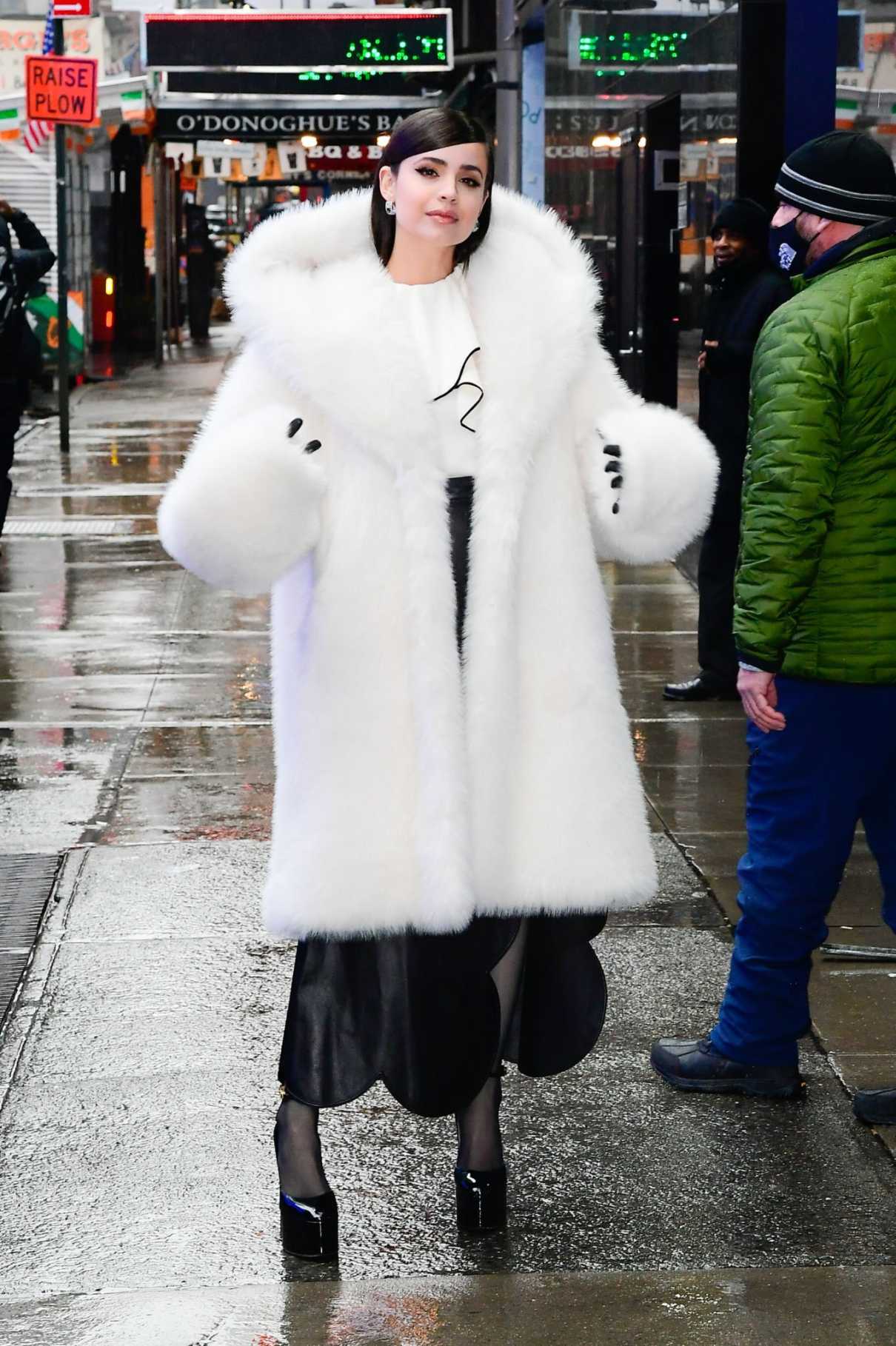 Sofia Carson in a White Fur Coat Leaves Good Morning America in New ...