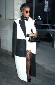 Janelle Monae in a Black and White Coat