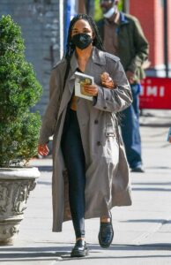 Tessa Thompson in a Grey Trench Coat