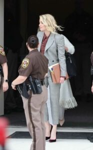 Amber Heard in a Grey Pantsuit
