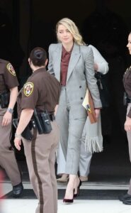 Amber Heard in a Grey Pantsuit