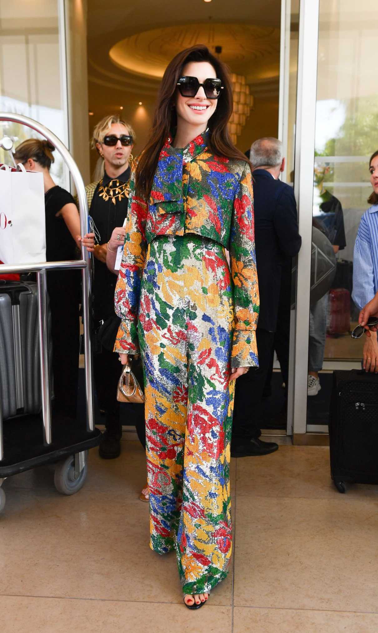 Anne Hathaway in a Colorful Pantsuit