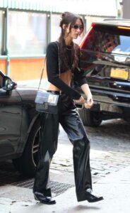 Bella Hadid in a Black Leather Pants