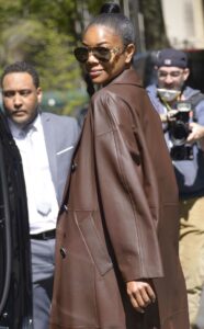 Gabrielle Union in a Brown Leather Trench Coat