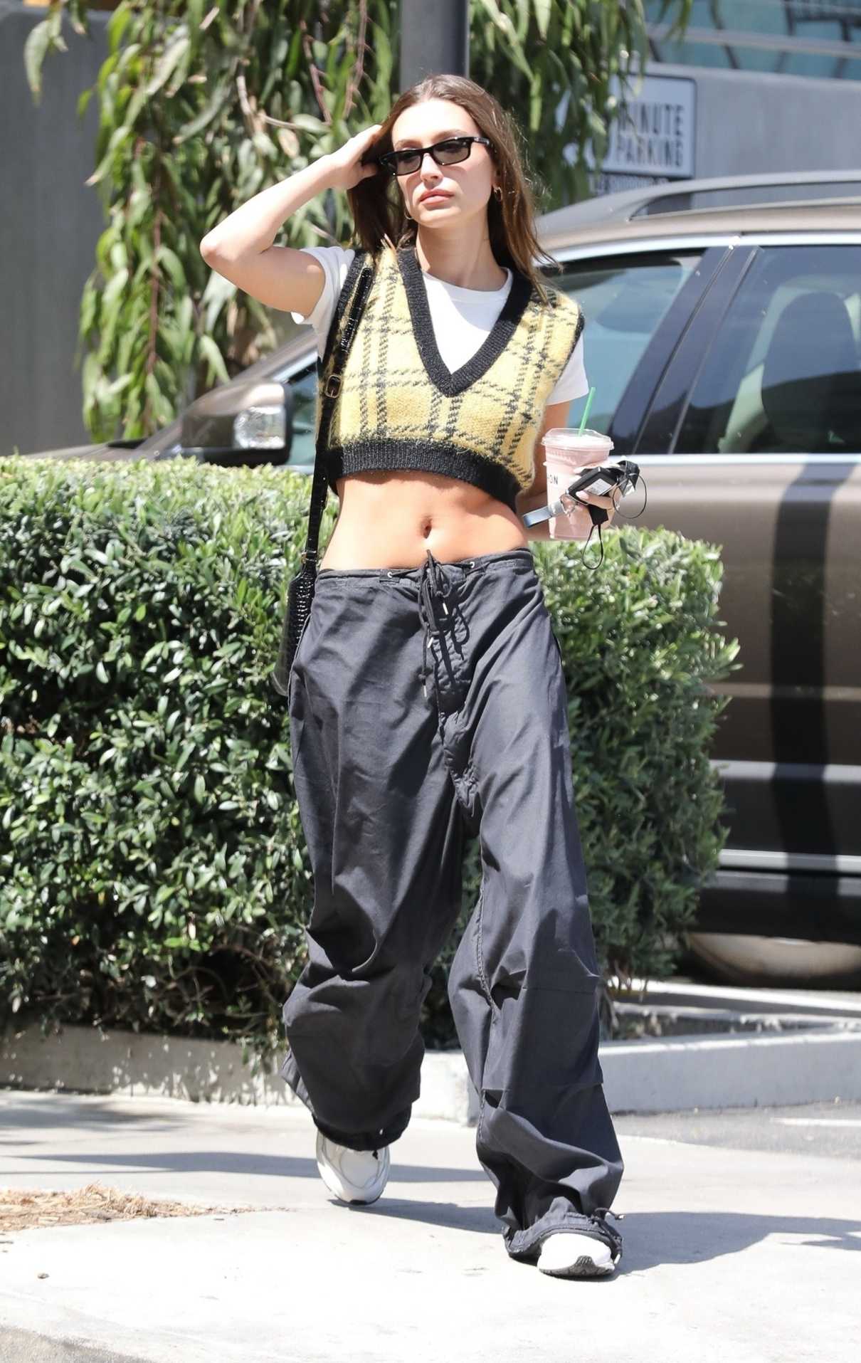 Hailey Bieber in a Black Track Pants