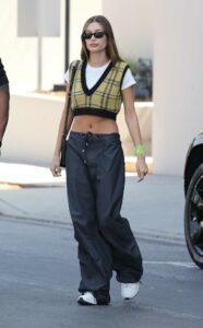 Hailey Bieber in a Black Track Pants