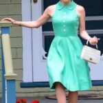 Jessica Chastain in a Green Dress on the Set of Mother’s Instinct in Union County 05/26/2022