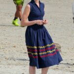 Anne Hathaway in a Blue Dress on the Set of Mother’s Instinct in Port Monmouth 06/20/2022