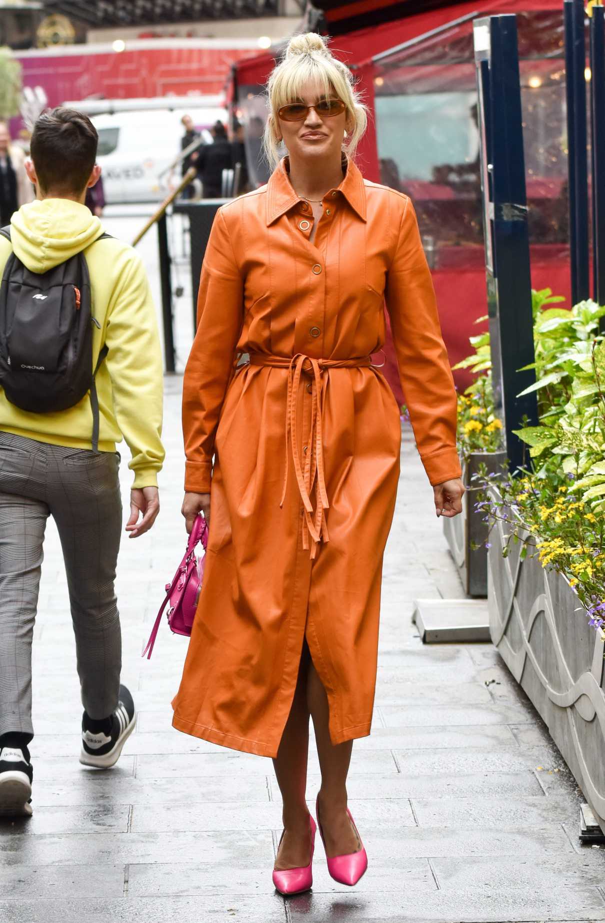 Ashley Roberts in an Orange Leather Trench Coat Leaves the Global Radio