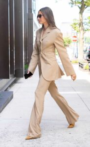 Hailey Bieber in a Caramel Coloured Pantsuit