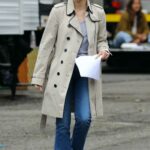 Jessica Chastain in a Beige Trench Coat on the Set of Mother’s Instinct in New York 06/22/2022
