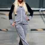 Paris Hilton in a Grey Sweatsuit Arrives at Jimmy Kimmel Live! in Hollywood 06/29/2022
