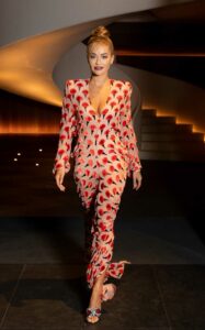 Rita Ora in a Patterned Catsuit