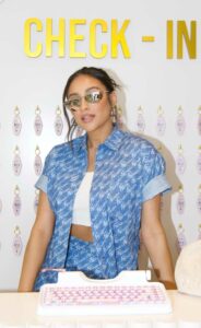 Shay Mitchell in a Blue Pantsuit