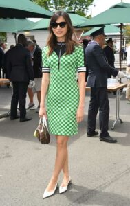 Gemma Chan in a Green Checked Dress
