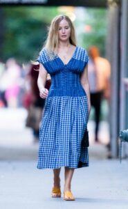 Jennifer Lawrence in a Blue Checked Dress