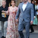 Jennifer Lopez in a Floral Dress Leaves Hotel de Crillon with Ben Affleck in Paris 07/23/2022