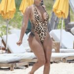 Draya Michele in an Animal Print Swimsuit on the Beach in Puerto Morelos in Mexico 08/07/2022