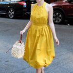 Maria Bakalova in a Yellow Dress Arrives at Live with Kelly and Ryan in New York City 08/03/2022