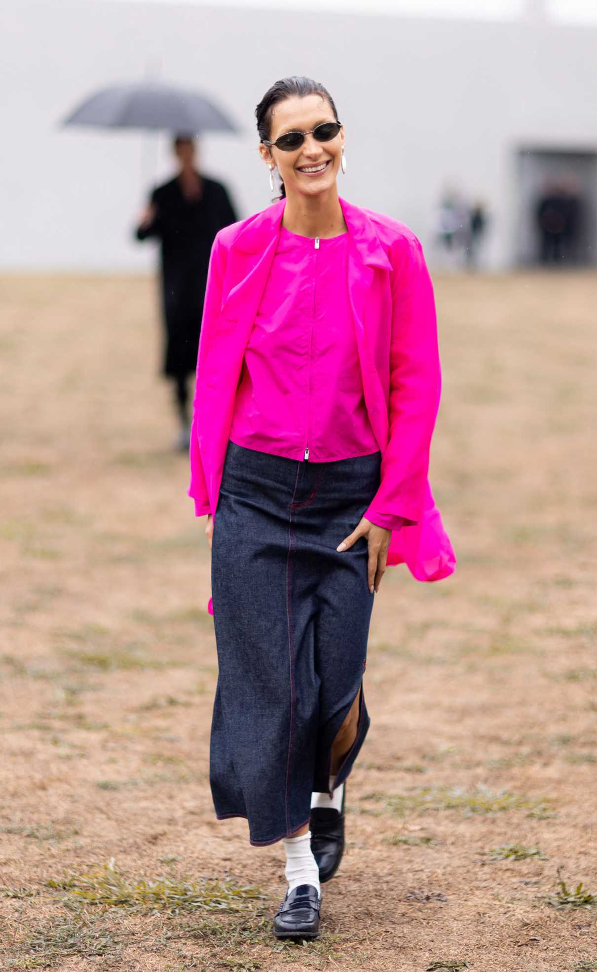 Bella Hadid in a Neon Pink Blazer