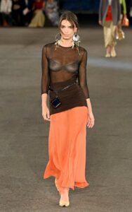 Emily Ratajkowski in an Orange Skirt