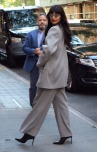 Jameela Jamil in a Grey Pantsuit