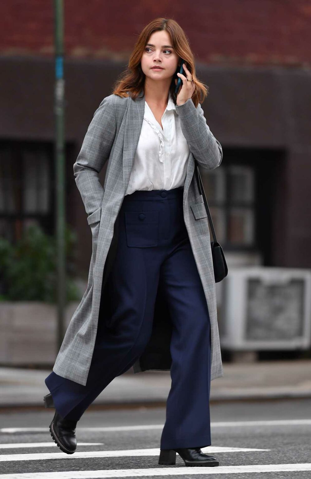 Jenna Coleman in a Grey Trench Coat on the Set of Wilderness in New ...