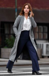 Jenna Coleman in a Grey Trench Coat