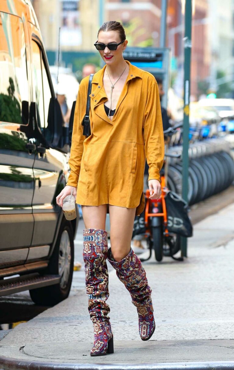 Karlie Kloss in a Patterned Towering Boots Was Seen Out in New York 09