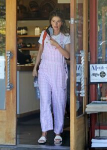 Katherine Schwarzenegger in a Pink and White Plaid Overalls