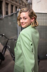 Lili Reinhart in a Light Green Pantsuit