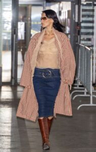 Bella Hadid in a Plaid Trench Coat