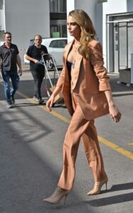 Cara Delevingne in a Caramel Coloured Pantsuit