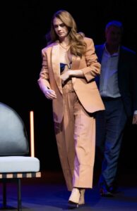 Cara Delevingne in a Caramel Coloured Pantsuit